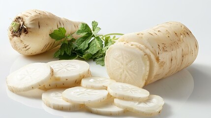 Wall Mural - shopped and sliced white radish on white background,