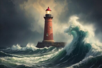 Wall Mural - Architecture lighthouse building painting, stormy sea with big waves, nature weather theme concept texture design illustration.
