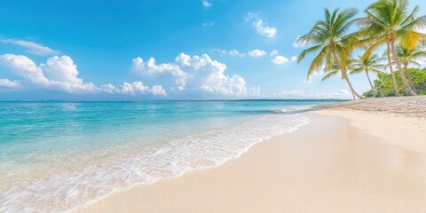 tropical sea beach with sand and blue ocean on sunny day and palm tree on corner