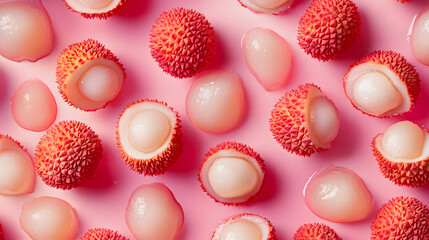 Lychee Lineup: A refreshing pattern of ripe lychees against a vibrant blue backdrop, with two fruits invitingly opened. 