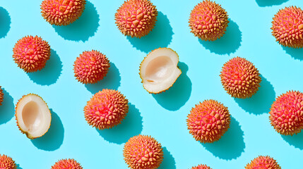 Lychee Lineup: A refreshing pattern of ripe lychees against a vibrant blue backdrop, with two fruits invitingly opened. 