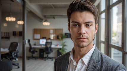 A man in a suit and white shirt stands in front of a window generative AI