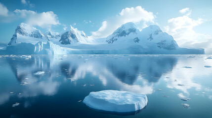 Wall Mural - A serene view of a snow-capped mountain range reflecting on calm blue water with icebergs floating in the foreground.