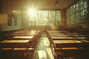 Sunlit Rows of Empty Desks in a Room with Large Windows