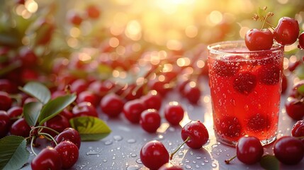 Wall Mural - cherry juice on a table with cherries Close-up Copy space 