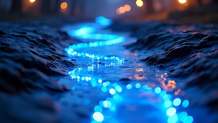 Vibrant Streams of Blue Light Flowing Across a Dark Mirrored Surface