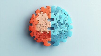 Puzzle piece fitting into a brain, minimalist concept, flat design illustration on white background, copy space for stock photo with minimal concept, No logo, No Trademark, No text