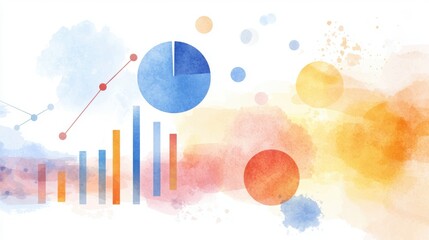 Creative business analysis, software interface with data insights, tech-driven visuals, watercolor style
