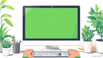 Wall Mural - hands presenting a green screen monitor, minimalist style, flat design illustration on white backgro