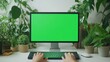 © Benjawan - Hands typing on green screen keyboard, simple shapes, minimal flat design illustration on white background, copy space for stock photo with minimal concept, No logo, No Trademark, No text