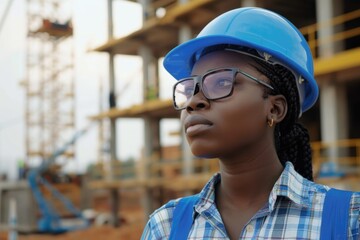 A Nigerian female construction and architectural engineer wearing blue safety helmet