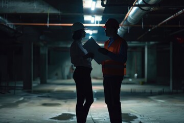 Business people in hardhats with plans at construction site.