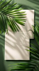 Wall Mural - Invitation card mockup with front and back sides and palm tree leaf