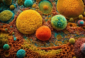 Colorful microorganism cells close up. illustration in high details for medical education and science. ai generative