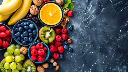 background of Ingredients for healthy breakfast meals: raspberries, blueberries, nuts, orange, bananas, grapes blue, green, apples, kiwi 