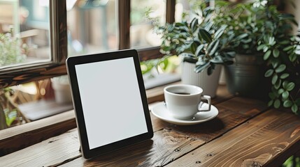 Wall Mural - Tablet with white screen on the table