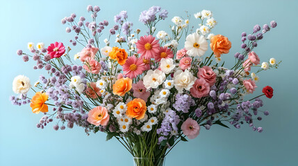 A vibrant bouquet of colorful flowers in a glass vase against a light blue background.