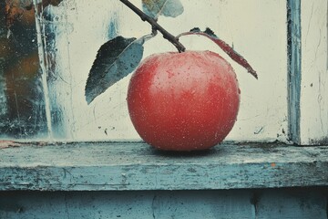 A Single Red Apple with Water Droplets Resting on a Weathered Wooden Sill