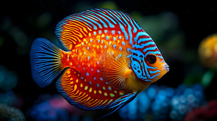 A vibrant discus fish with orange, red, blue and yellow stripes and spots swimming in an aquarium.