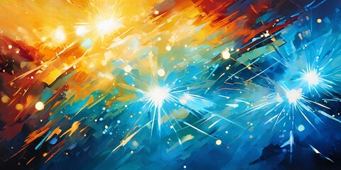 Wall Mural - A painting of a bright blue and orange sky with many stars