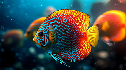 A vibrant, colorful discus fish with red, blue, and yellow patterns swims through the water.