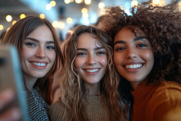 Group of business women taking selfies together in the office.