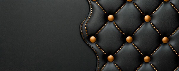 Black leather texture with diamond pattern, sewing threads line and dots in golden color