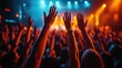 © Ketanoff - Picture of rock concert, music festival, New Year eve celebration, party in nightclub, dance floor, disco club, many people standing with raised hands up and clapping, happiness and night life concept