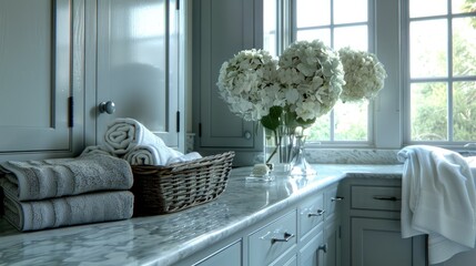 Sticker - Airy with white marble countertop, light blue cabinets, and stacked towels