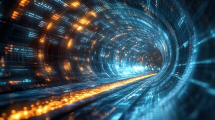 Poster - Abstract Digital Tunnel with Glowing Blue and Orange Lines