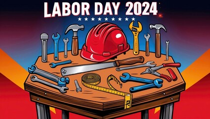 tools and helmet and text of Labor Day 2024