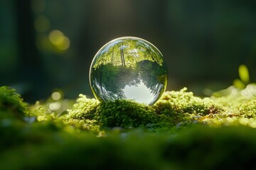 Crystal globe glass on green moss in forest to protect nature Save and care World for sustainable. concept of the environment ecology and Earth Day. eco environment and ESG concept with generative ai