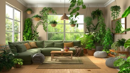 Wall Mural - A boho-style living room with wooden flooring