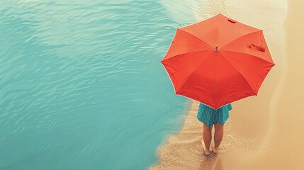 colorful woman with red umbrella standing on the beach