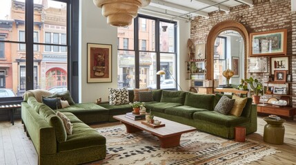 Sticker - living room with green sofas, plants