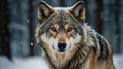 Naklejka na meble A wolf with a focused gaze stands in a snowy forest, showcasing its thick fur and pristine surroundings.