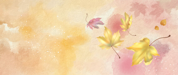 Wall Mural - Watercolor abstract autumn banner with maple leaves and paint stains