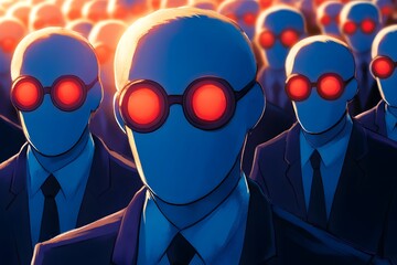 A crowd of blue people with round red eyes, wearing suits and glasses, with golden hour lighting 