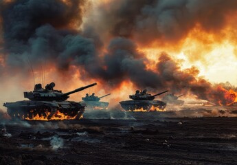 Tanks Driving Through Fire and Smoke