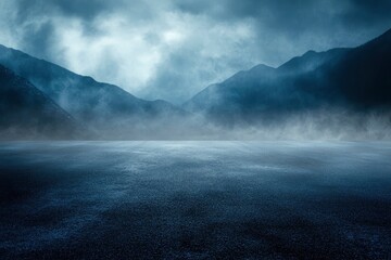 Dark street, asphalt abstract dark blue background, empty dark mountain range scene, with smoke mist cold white float up for display products with generative ai