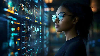 Canvas Print - A woman in glasses looks intently at a wall of data and graphs.