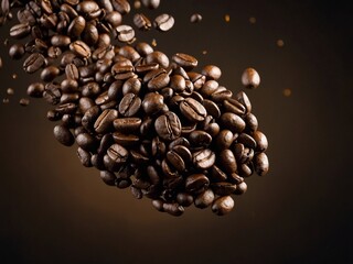 Freshly roasted coffee beans suspended mid-air, with an aromatic burst.