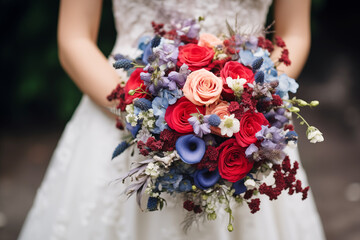 Wedding bouquet of the bride with roses and dried flowers in autumn style