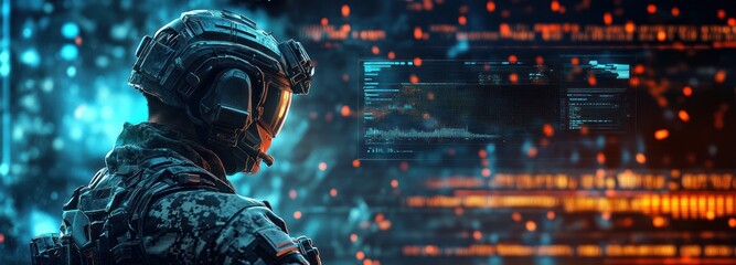 Futuristic Soldier Observing Digital Interface
