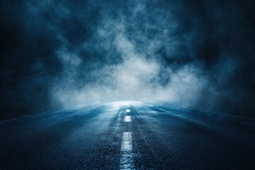 Wall Mural - Dark street, asphalt abstract dark blue background, empty dark mountain range scene, with smoke mist cold white float up for display products with generative ai