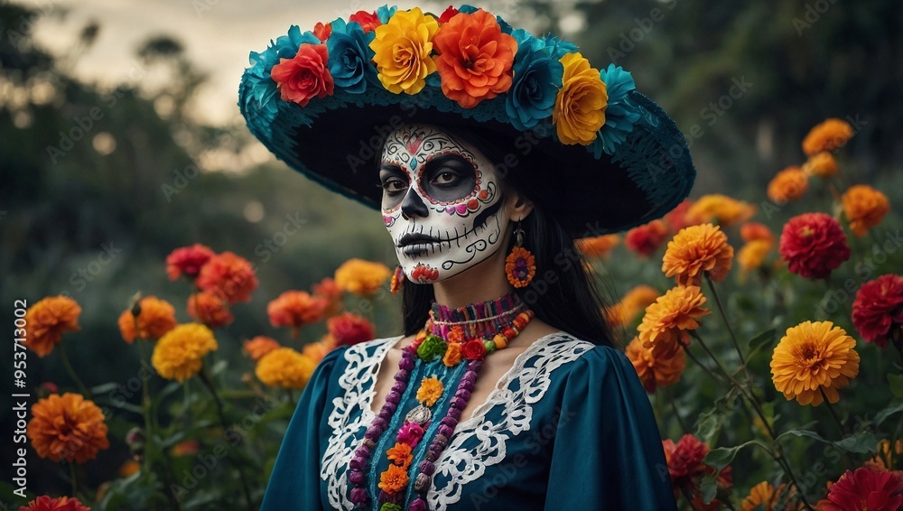 Mexican woman catrina with sugar skull makeup in flower garden
