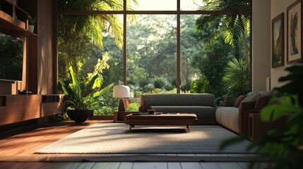 Wall Mural - Modern Living Room with Large Windows and Lush Greenery Views