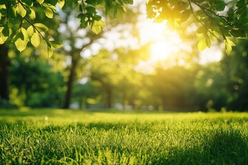 City lawn view. Green nature in spring eco garden. Summer abstract blur background. Urban trees leaves Light blurry out focus bokeh. Soft plant. with generative ai