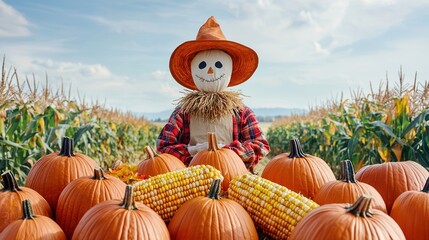 Scarecrow and Pumpkins in a Cornfield.