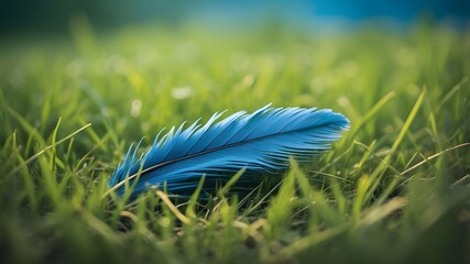 A bird's feather nestled in the grass on a neatly cut lawn, the image enhanced by a fashionable classic blue hue and vibrant color tones, with a spacious copyspace layout perfect for design elements. 